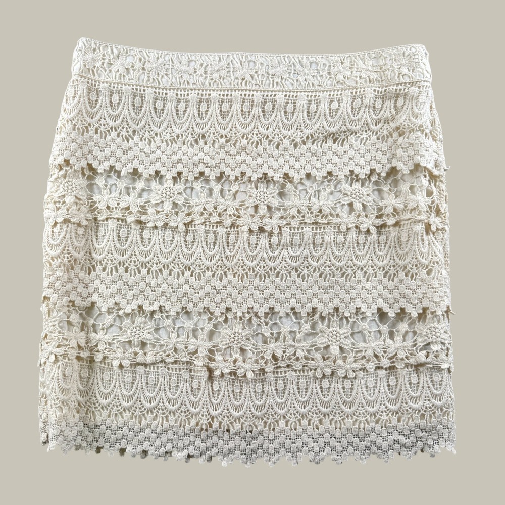 Vintage Anne French Crochet Lace Skirt Women M Cream‎ Boho Floral Tiered Mini